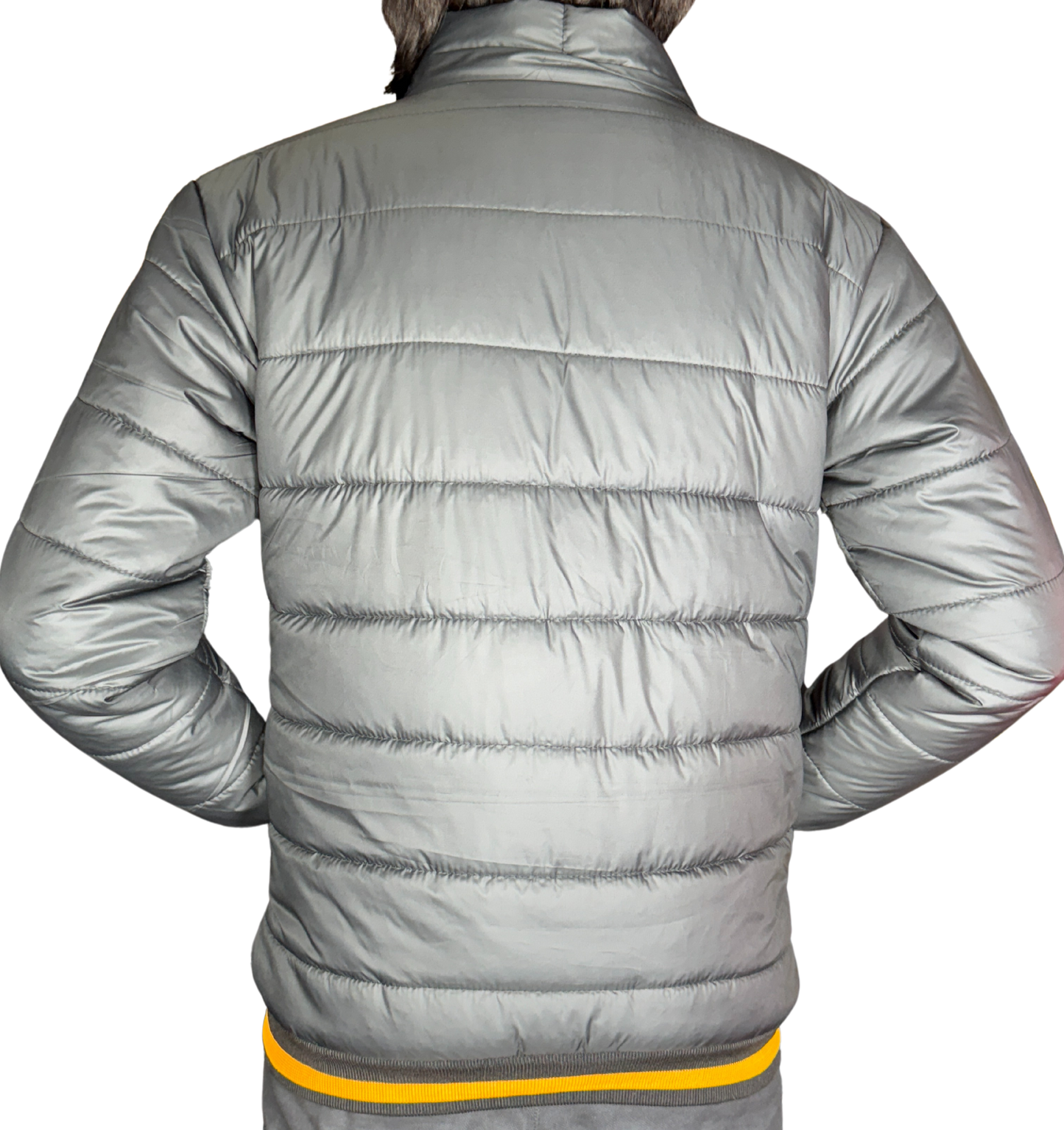 Amazing blend of Charcoal with yellow strips Puffer Jacket with Removable Hood