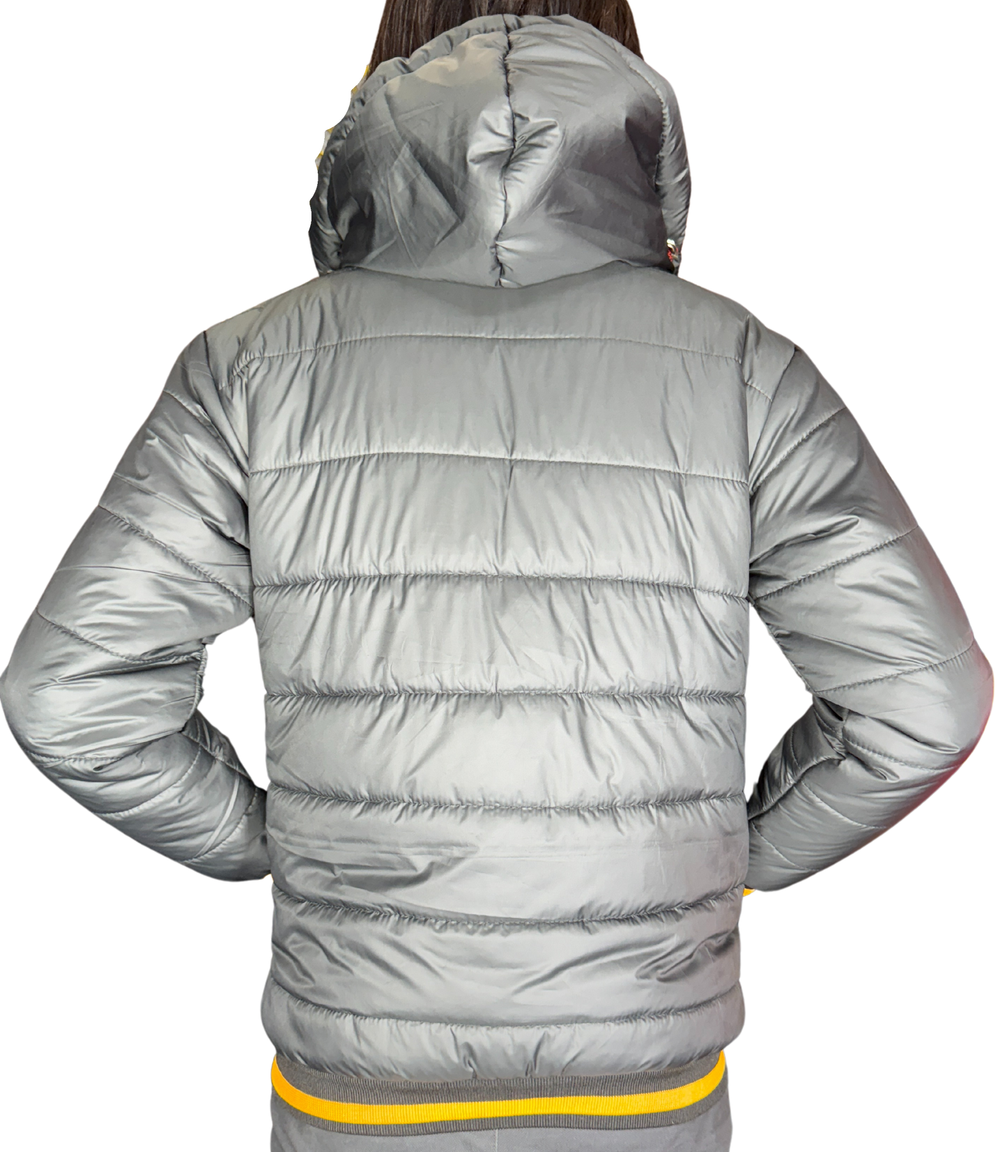 Amazing blend of Charcoal with yellow strips Puffer Jacket with Removable Hood