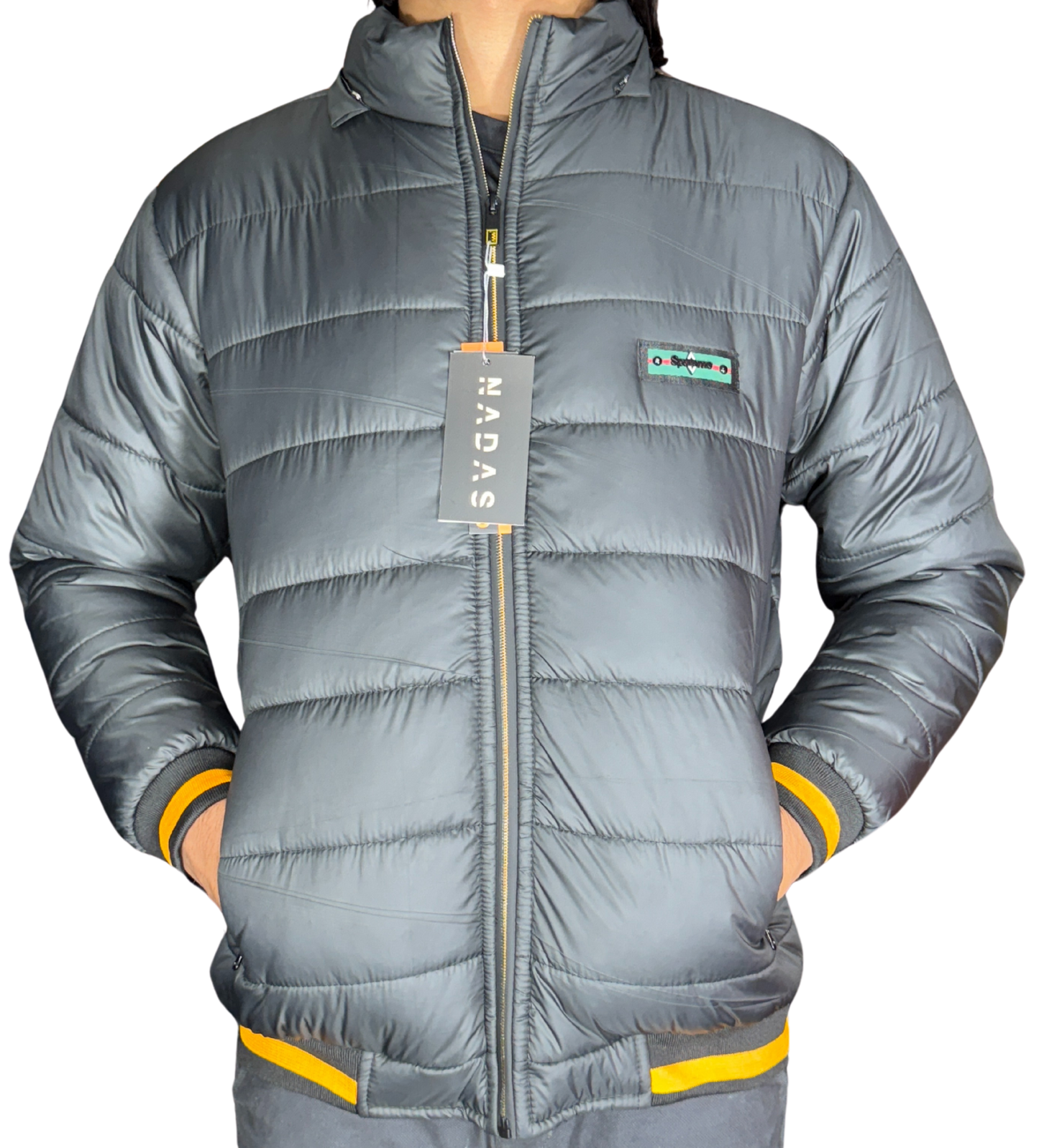 Amazing blend of Charcoal with yellow strips Puffer Jacket with Removable Hood