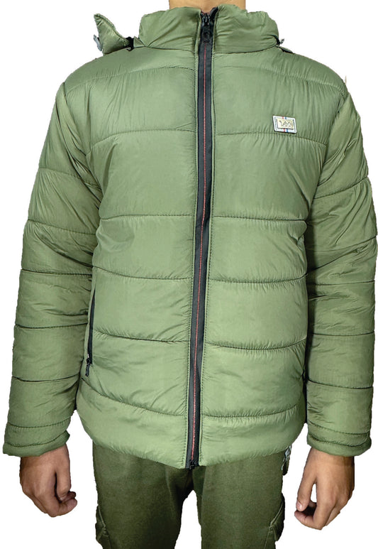 Green puffer jacket with black zips and fur hood (Copy) (Copy)