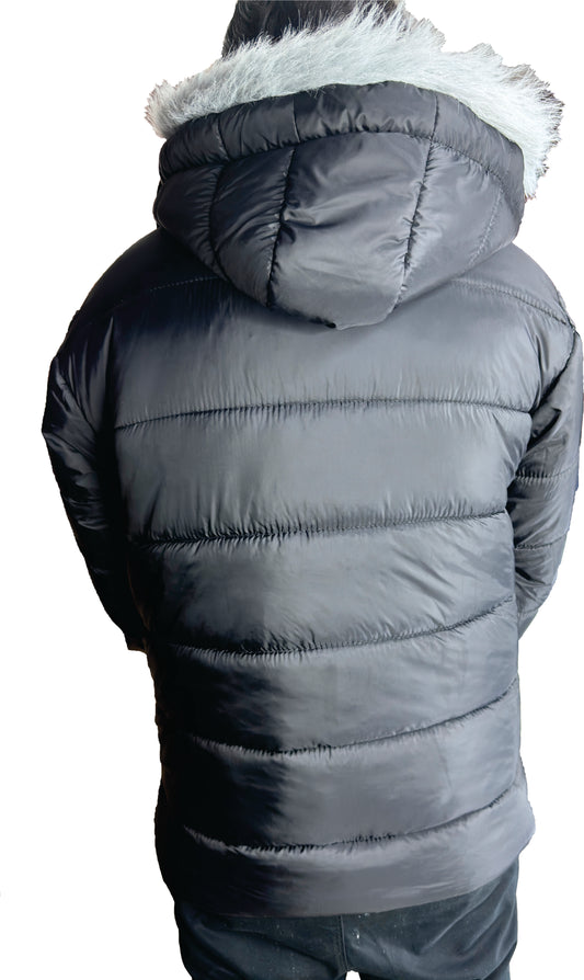 Black puffer jacket with black zips and fur hood