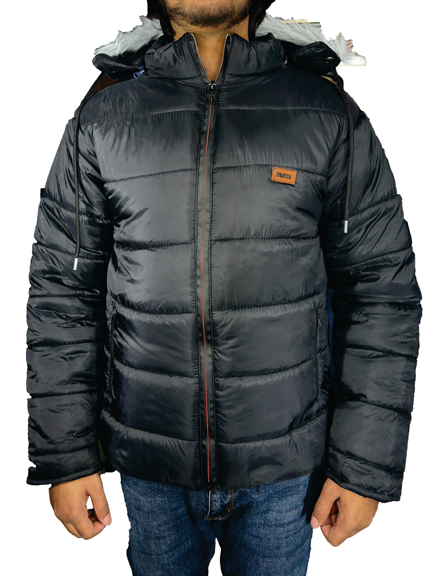 Black puffer jacket with black zips and fur hood