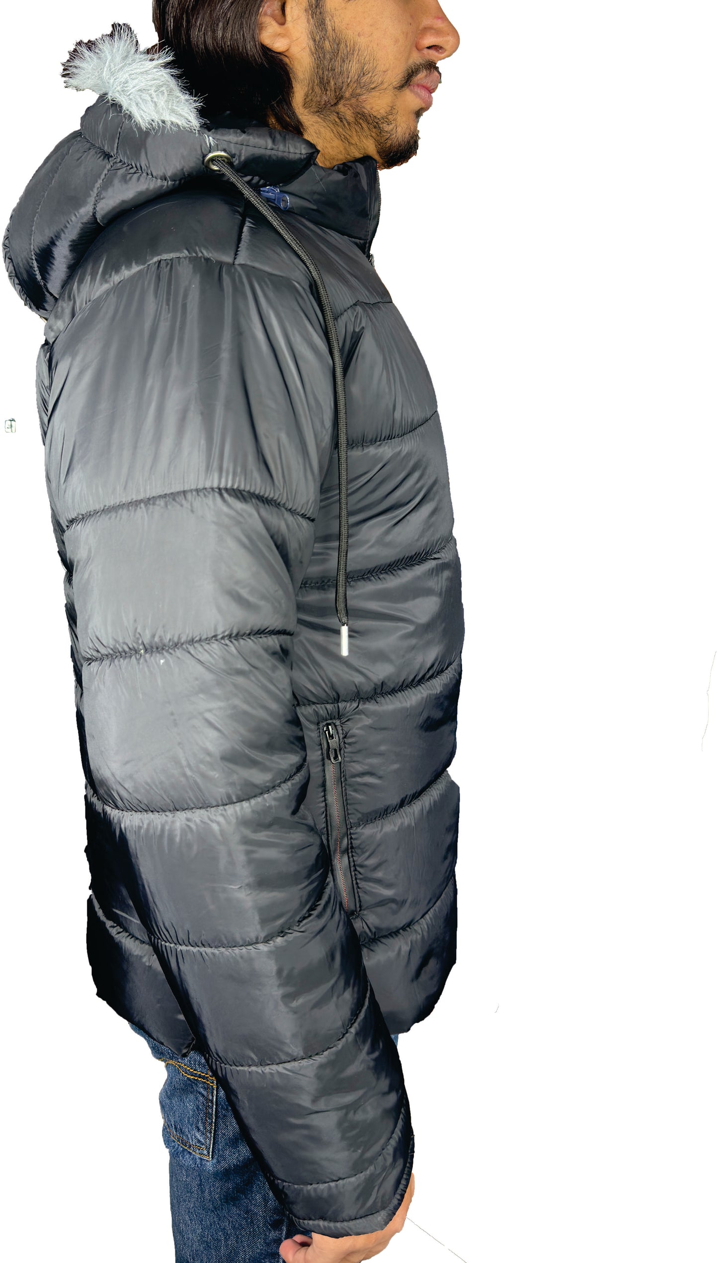 Black puffer jacket with black zips and fur hood