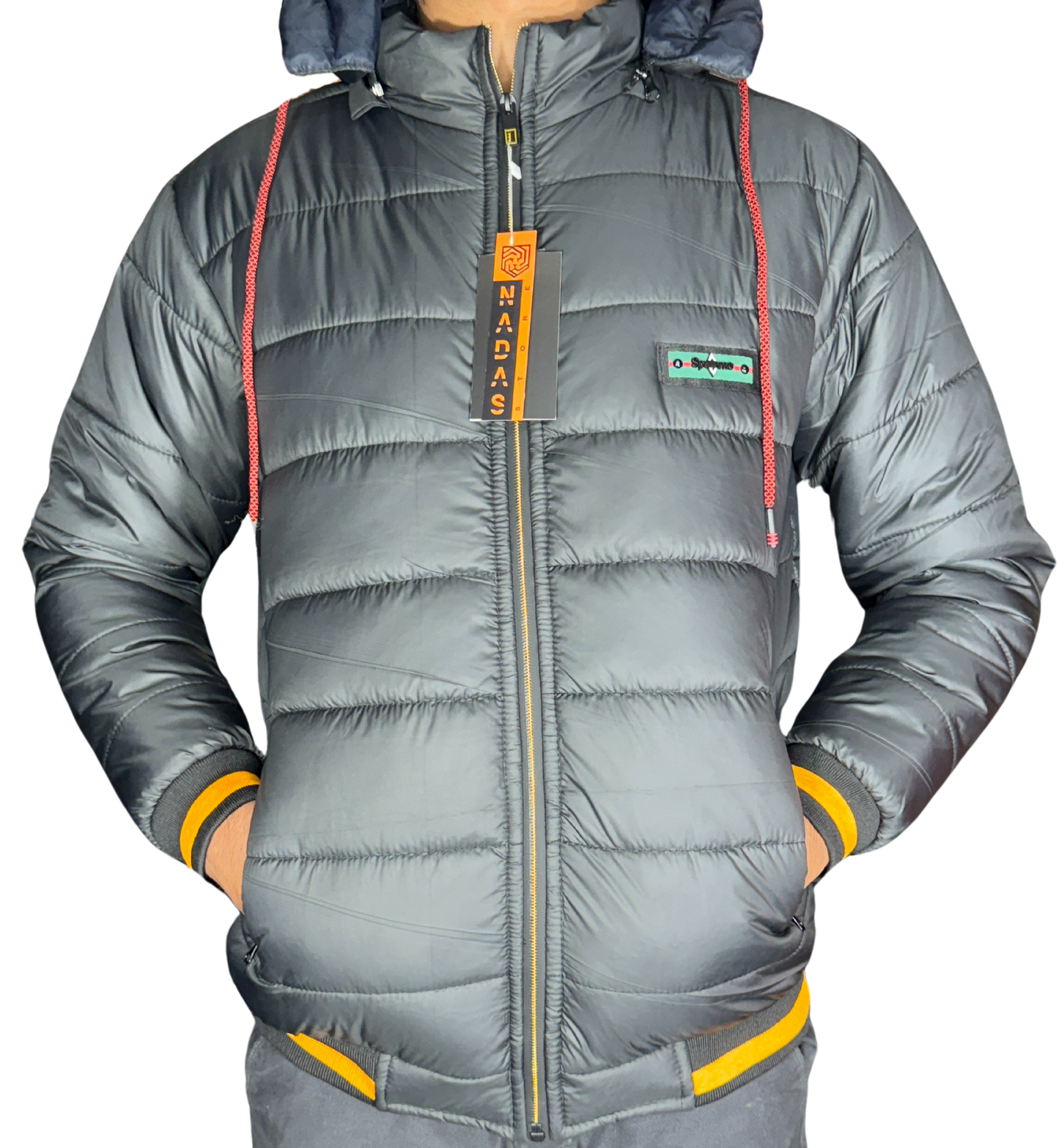 Amazing blend of Charcoal with yellow strips Puffer Jacket with Removable Hood