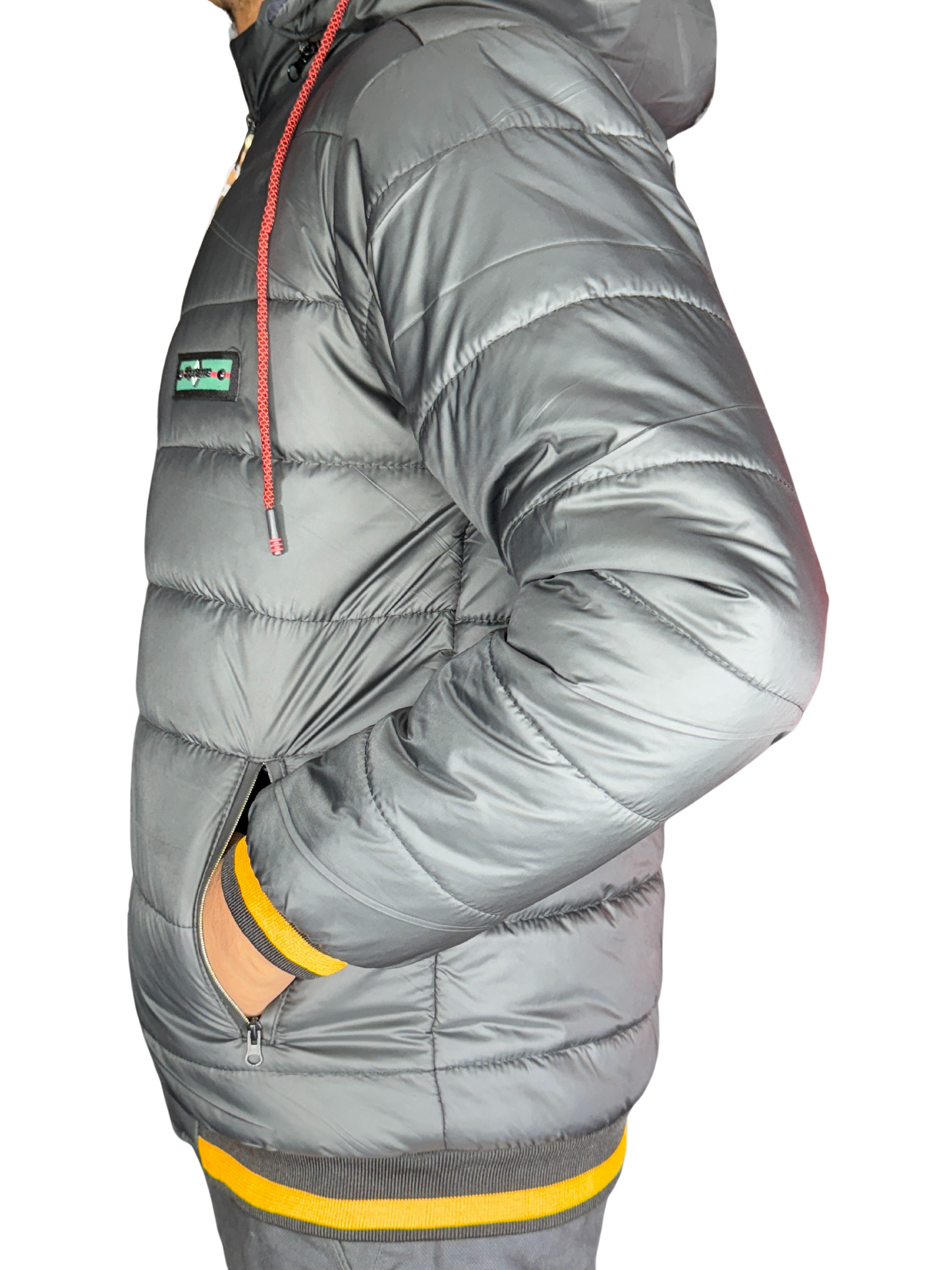 Amazing blend of Charcoal with yellow strips Puffer Jacket with Removable Hood